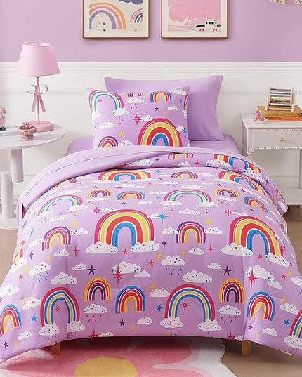 Twin Comforter Set for Girls-5 Pieces Purple Rainbow Glow in The Dark Twin Bedding Sets for Kids, Ultra Soft Bed in A Bag with Sheets