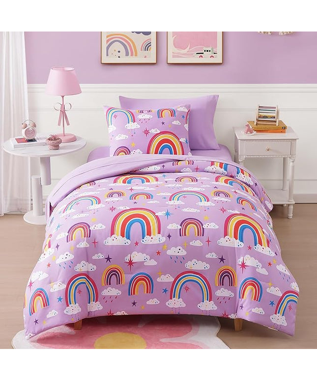 Twin Comforter Set for Girls-5 Pieces Purple Rainbow Glow in The Dark Twin Bedding Sets for Kids, Ultra Soft Bed in A Bag with Sheets