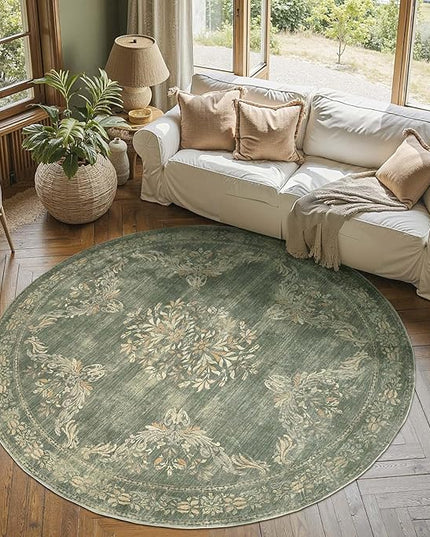 jinchan Round Rug 6ft Area Rugs Vintage Floral Distressed Design Machine Washable Soft Non-Slip Low-Pile Ultra-Thin Christmas Circle Rug for Living Room Dining Room Bedroom (6' Round, Dark Green)