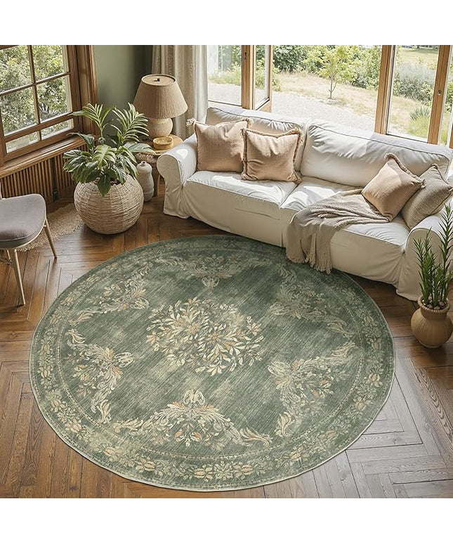 jinchan Round Rug 6ft Area Rugs Vintage Floral Distressed Design Machine Washable Soft Non-Slip Low-Pile Ultra-Thin Christmas Circle Rug for Living Room Dining Room Bedroom (6' Round, Dark Green)