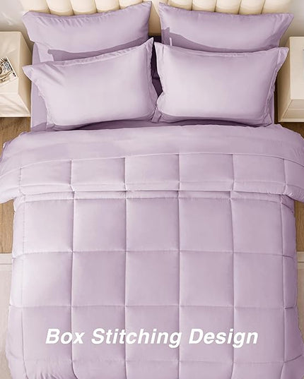 Love's cabin California King Comforter Set Light Purple, 7 Pieces California King Bed in a Bag, All Season Bedding Sets with 1 Comforter, 1 Flat Sheet, 1 Fitted Sheet, 2 Pillowcase and 2 Pillow Sham