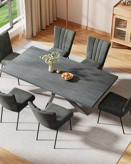 ZckyCine 63"-79" Extendable Dining Table Set with 6 Velvet Dining Chairs, Modern Rectangular Kitchen Table Set for 6-8 People, Space-Saving Expandable Dining Table with Metal Frame