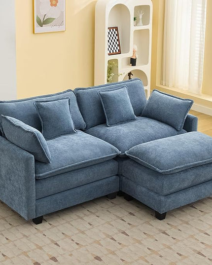 76'' Cloud Deep Seat Loveseat Sofa, Upholstered Chenille Modular 3-Seats Sectional Sofa Couch with Movable Ottoman, Modern Comfy Settee Loveseat for Living Room Set, Small Apartment, Blue