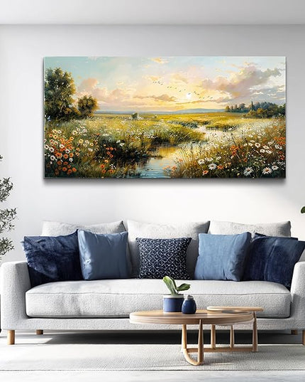 XIGUANGART Large Wall Art for Living Room Canvas Prints Nature River Meadow Wildflower Wall Decor Sunset Pastoral Landscape Pictures Abstract Modern Artwork for Bedroom Kitchen Office Home Decorations