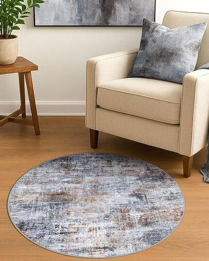 IOHOUZE Round Area Rug 3 Ft Circle Entryway Rugs Round Washable Door Mat Indoor Entrance, Non Slip Circle Front Door Rug, Printed Abstract Faux Wool Floor Carpet for Foyer Porch Sink, Orange Grey