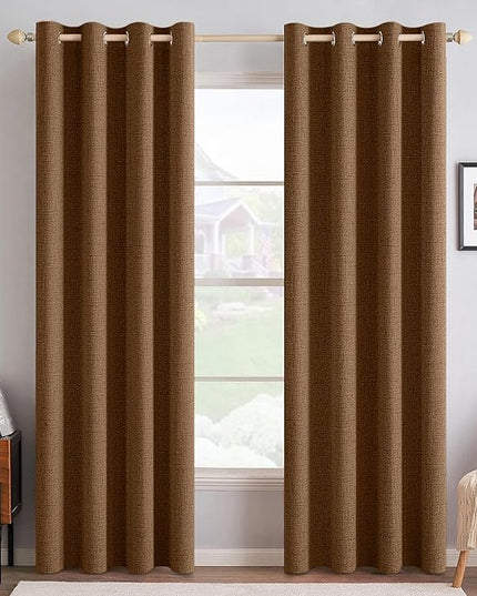 MIULEE 100% Blackout Linen Curtains for Bedroom Thermal Insulated Brown Grommet Room Darkening Curtains & Drapes Fall Decor for Living Room Nursery 52 x 84 Inch (2 Panels)