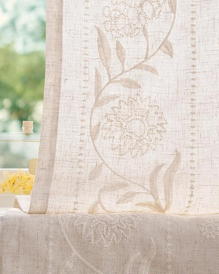 jinchan Winslow Linen Curtains 54 Inch Length Small Window Curtains Embroidered Bordered Floral Drapes Light Filtering for Bathroom Laundry Room Kitchen Farmhouse Decor White on Beige 2 Panels