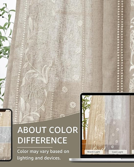jinchan Winslow Linen Curtains for Bedroom 96 Inches Length Embroidered Bordered Floral Curtains for Living Room Farmhouse Decor Light Filtering Window Treatments Ivory on Taupe Drapes 2 Panels