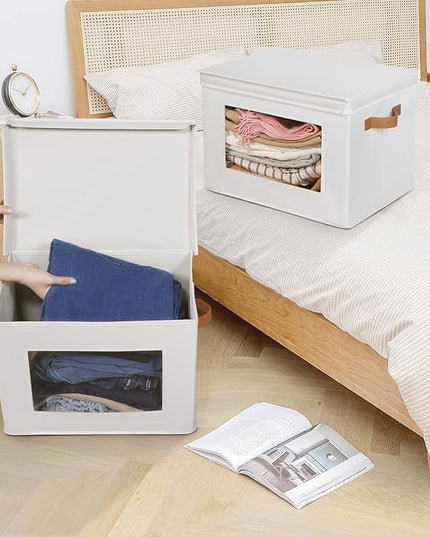 Univivi Storage Boxes with Lids Fabric Foldable Storage Bin for Clothes, [3-Pack] Closet Organizer Containers boxes with Handles for Home, Bedroom, Closet Storage (Beige,17” x 12” x 12")