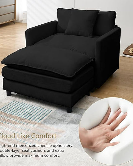 SZLIZCCC 56.3''D Oversized Chaise Lounge Chair Indoor, Comfy Chenille Upholstered Sofa Chair with Ottoman, Deep Seat Single Sofa Couch with 1 Pillow for Living Room(Black, 56.3"- Single Seat)