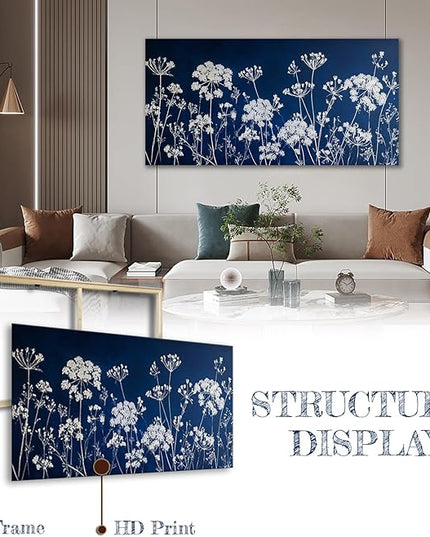 HUADAOART Large Wall Art Navy Blue and White Dandelion Modern Floral Print 20 x 40 inch Canvas Artwork Home Decor Living Room Bedroom Office Decor Ready To Hang