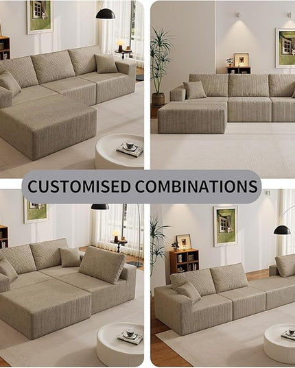 139" Boneless Cloud Sectional Couch for Living Room, Compressed Modular L-Shaped Sofa with Deep Seat, Frameless Corduroy Couch in Boxes, No Assembly Required 4-Seater (Right-Facing Chaise, Grey)