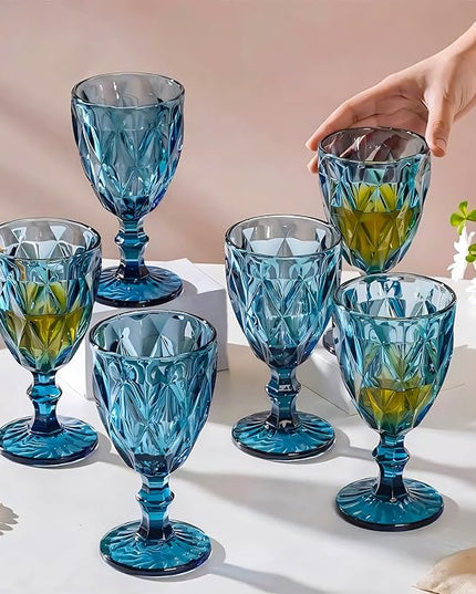 Vintage Wine Glasses Set of 4, Plastic Reusable 12 Ounce Colored Water Goblets, Unique Embossed Pattern Unbreakable Stemmed Wine Glasses, High Clear Wedding Party Bar Drinking Cups Blue Color