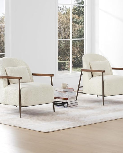 CHITA Accent Chair for Living Room Set of 2, FSC Certified Modern Upholstered Faux Sherpa Fabric Armchair with Metal Frame and Wooden Armrests, Ivory