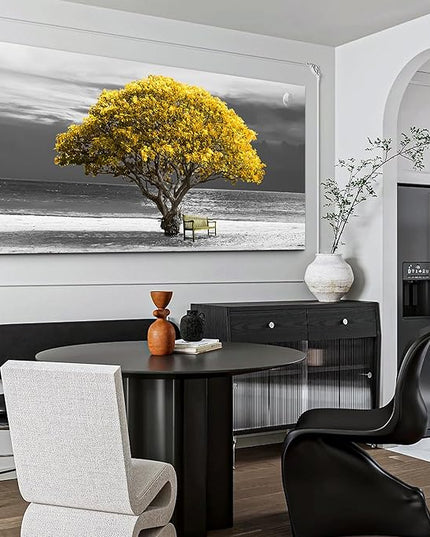 wall art for living room Decorations Photo Prints - panoramic black and white with yellow trees The moon scenery - Modern Home Decor The room Stretched and Framed Ready to Hang artwork 24X48inches