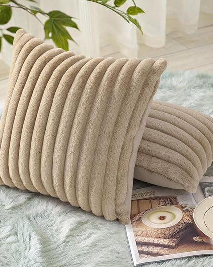 decorUhome Faux Fur Spring Throw Pillow Covers 22x22 Set of 2, Decorative Soft Plush Striped Neutral Couch Euro Pillow Covers with Velvet Back for Sofa, Bed, Living Room Home Decor, Khaki Brown
