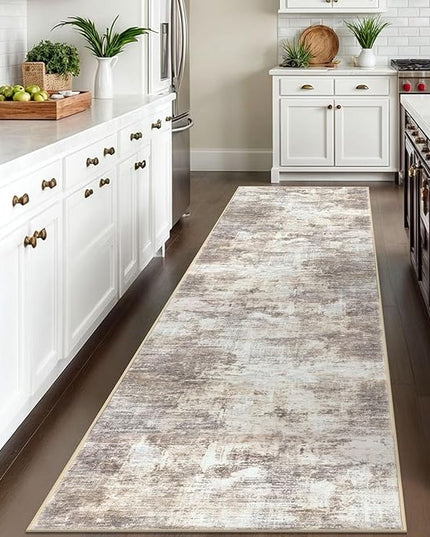 IOHOUZE Abstract Runner Rug 3x10 Ft Washable Runners for Hallways, Non Slip Kitchen Runner Printed Faux Wool Entryway Runner Indoor, Modern Abstract Floor Carpet for Hall Kitchen Bedroom, Beige Brown