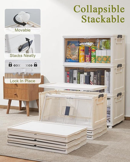 OlarHike 76QT Stackable Storage Bins with Lids - Folding Storage Box with Doors and Wheels, Collapsible Plastic Storage Bins for Closets, Home Organizers, 3 Pack Cubes (Warm Gray)