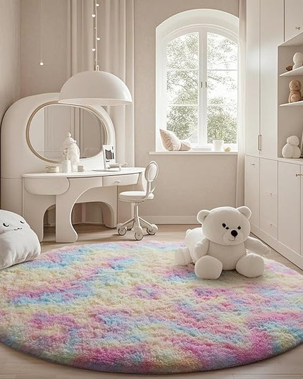 Ophanie Round Rug 6Ft Rainbow Circle Area Rug, Cute Room Decor for Teen Girls, Fluffy Fuzzy Bedroom Carpet, Plush Soft Shaggy Living Room Rugs for Kids Home Decor Aesthetic, Nursery