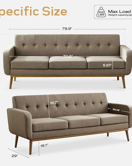 HUIMO Sofa Couch, Mid Century Modern Sofa with Solid Wood Frame, Button Tufted Couch for Bedroom, Living Room, Office, Apartment (Brown, 80 inch)