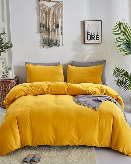Houseri Velvet Comforter Set - Twin Girls & Boys Fluffy Bedding - Dark Yellow Sherpa & Mustard Fuzzy Flannel Plush Comforters
