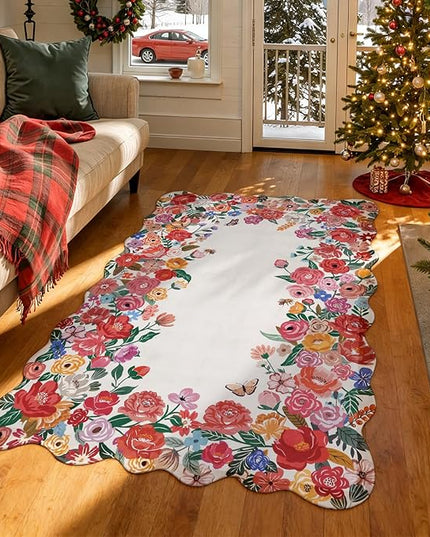 Wonnitar Washable Area Rug 3x5, Soft Red Camellia Floral Rugs for Living Room Bedroom, Non Slip Cute Flower Nursery Rug Scalloped Rug Carpet for Kids Room Bedside Entryway Laundry Room (Red,3'x5')