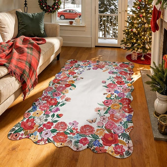 Wonnitar Washable Area Rug 3x5, Soft Red Camellia Floral Rugs for Living Room Bedroom, Non Slip Cute Flower Nursery Rug Scalloped Rug Carpet for Kids Room Bedside Entryway Laundry Room (Red,3'x5')