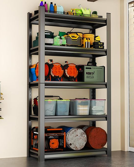 Storage Shelves, Garage Metal Shelving Unit, Adjustable, Double-Layer Column with Reinforced Ribs, Heavy-Duty, Capable of Bearing 600-3600 lbs (Black, 77 * 45 * 18, 5-Tier)