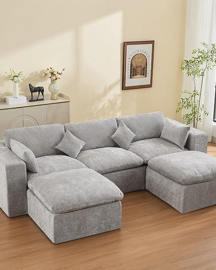 115'' Cloud Boneless Sectional Couch, Modular Sectional Sofa Deep Seat with 2 Ottomans, Oversized Upholstered Convertible Comfy 5 Seater Chenille Sofa U Shape Couches for Living Room, Light Grey