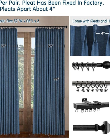 LETAU Navy Linen Texture Curtains 54 inches Long, Pinch Pleated 100% Blackout Privacy Curtains, 26" W x 54" L, 2 Panels