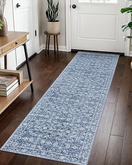 2x7 Runner Washable Rug for Hallways, Blue Soft Classic Kitchen Rugs with Non-Slip, Non-Shedding Distressed Floral Rug for Hallway Entryway Bedroom Bathroom Laundry Indoor