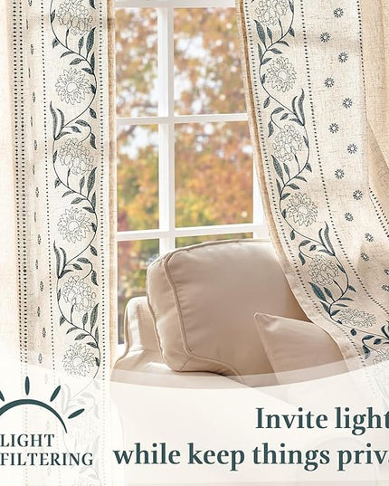 jinchan Winslow Lined Linen Curtains for Bedroom 63 Inches Linen Blended Embroidered Bordered Floral Curtains for Living Room Farmhouse Decor Window Treatments Blue on Beige Drapes 2 Panels