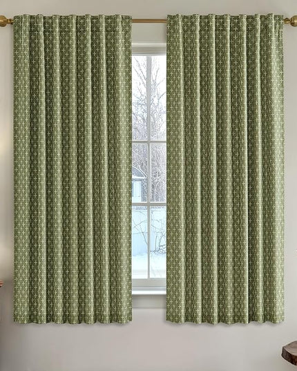 MIULEE Decorative Back Tab Linen Curtains with Geometric Pattern for Living Room Bedroom Farmhouse Rustic Thick Woven Textured Patterned Mudcloth Drapes 63 Inch Length 2 Panels Set, Sage Green
