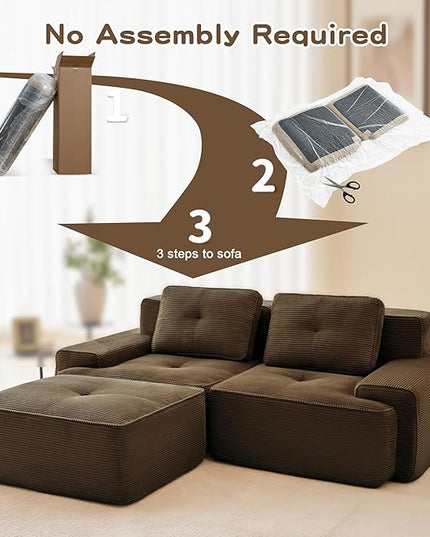 82" Convertible Modular Couches, Deep Seat L Shaped Sofas for Living Room, Modern 2 Seater Love Seat Sofa with 1 Ottoman for Small Space, Comfy Cloud Sectional Sofa Set, Corduroy Fabric Brown