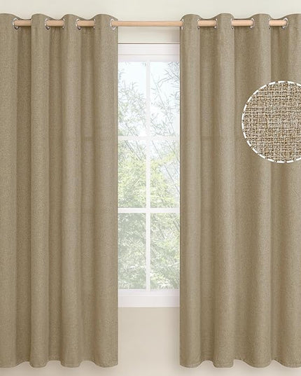LAMIT Natural Linen Thermal Curtains for Living Room, Grommet Thick Light Reducing Curtains Window Burlap Light Filtering Panels for Bedroom/Farmhouse, Set of 2 Panels, W52 x L72, Tan Brown