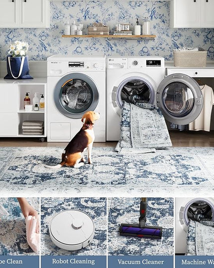 jinchan Fiora 10x12 Area Rugs for Living Room - Machine Washable Vintage Floral Distressed Design Stain Resistant Carpet Low Pile Non-Slip Large Rug for Bedroom Dining Room (10'x12', Dark Blue)