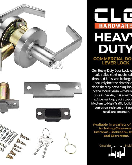 CLG HARDWARE Commercial Lever Door Lock - Heavy-Duty Locking Door Handle, Designer Door Handles, Cylindrical Lever Lock, Non-Handed Grade 2 Industrial Door Handle, 26D Satin Chrome, Entrance Keylock