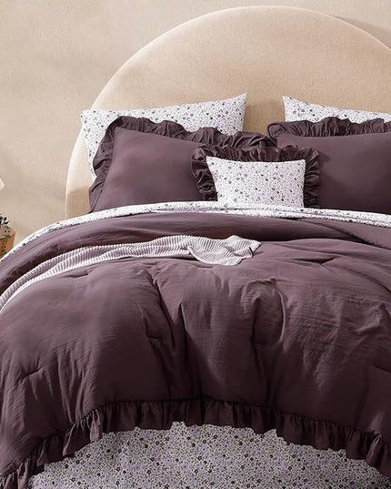 King Comforter Set - 7 Pieces Ruffle Purple Bedding Sets, Shabby Chic Farmhouse Bed in a Bag King with Ruffle Comforter, Floral Sheets, Pillowcases & Shams