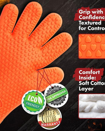 KITCHEN PERFECTION Silicone Smoker Oven Gloves -Extreme Heat Resistant BBQ Gloves -Handle Hot Food Right on Your Smoker Grill Fryer & Pit | Waterproof Oven Mitts |Superior Value Set+3 Bonuses
