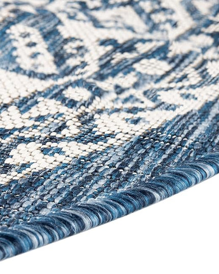 Rugs.com Outdoor Aztec Collection Rug – 5 Ft Round Blue Flatweave Rug Perfect for Kitchens, Dining Rooms