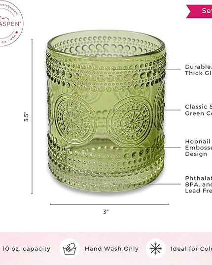Hobnail Beaded Floral Green Drinking Glasses Set of 6, (10 oz) Vintage Glassware Set by Kate Aspen| Cocktail Glass Set, Juice Glass, Water Cups | Great Hostess Gift & Gift for New Home Owners