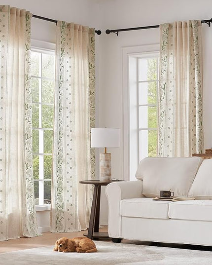 jinchan Winslow Linen Curtains for Bedroom 96 Inches Length Embroidered Bordered Floral Curtains for Living Room Farmhouse Decor Light Filtering Window Treatments Sage on Beige Drapes 2 Panels