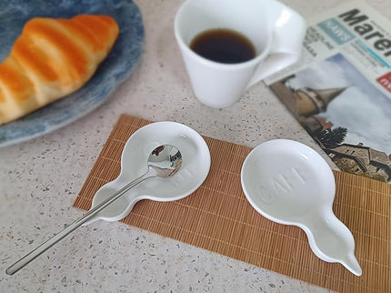 Coffee Spoon Rest for Coffee Bar Accessories, Small Spoon Rest for Coffee Station, Ceramic Tea Spoon Teaspoon Rest Teaspoon Holder (White, CAFE Pattern)