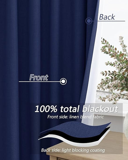 Guken Blackout Curtains 90 Inch Length 2 Panels Set for Living Room Bedroom Back Tab Thermal Insulated 100% Black Out Linen Drapes Room Darkening Window Curtains 90 Inches Long,Classic Blue