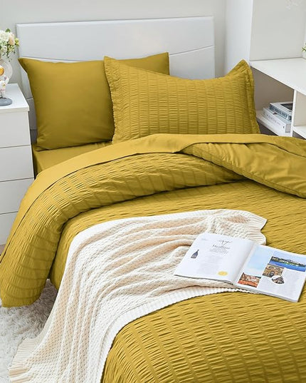 HYMOKEGE Mustard Yellow Twin XL Comforter Set Seersucker 5 Pieces, All Season Luxury Bed in a Bag for Bedroom, Bedding Set with Comforter, Sheets, Pillowcase & Sham