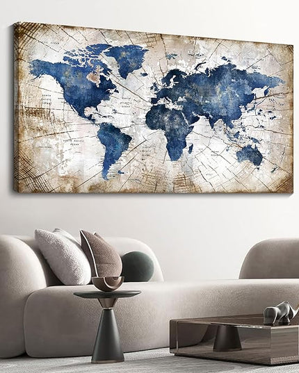 World Map Canvas Wall Art Abstract Navy World Maps for Wall Vintage Modern Wall Art for Office Framed Pictures for Living Room Bedroom Wall Decoration for Home Office Decor Artwork for Walls 24x48IN