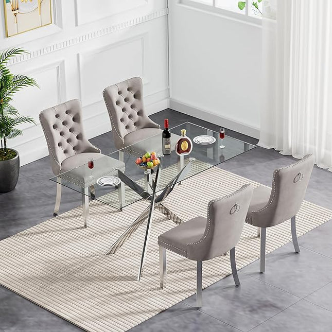 5 Piece Dining Table Set for 4, 51in Glass Dining Table Set with 4 Upholstered Dining Chairs, Gray Tufted Chair & Dining Room Table Set w/Silver Metal Legs, Glass Kitchen Table and Chair Set for 4