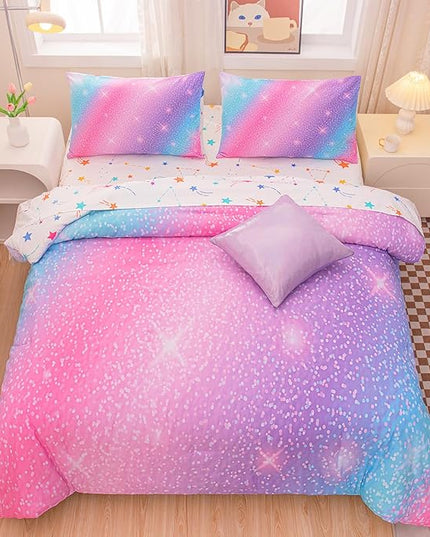 Rainbow Bedding Set Full Size – 6-Piece Reversible Girls Comforter with Deep-Pocket Sheet, Gradient Galaxy Design, Whole-Piece Filling, Machine Washable Bed-in-a-Bag for Kids Room Makeover & Gifts