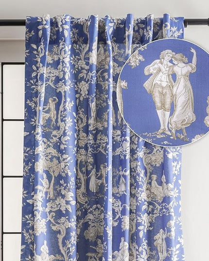 Maison d' Hermine Curtains for Living Room 100% Cotton 96 inch Length One Panel Light Filtering Toile Curtains for Bedroom Windows with Rod and Loop Pockets Drapes (Joli Jouy Blue, 50" W x 96" L)
