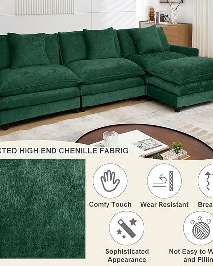 Modular Sectional Sofa,Modern Sofa Sleeper Couch,3 Seat & 1 Ottoman,Comfy Cloud Couches Soft Chenille Sofa Set with Movable Ottoman Deep Seat Sofa for Living Room (Green, L Shaped)